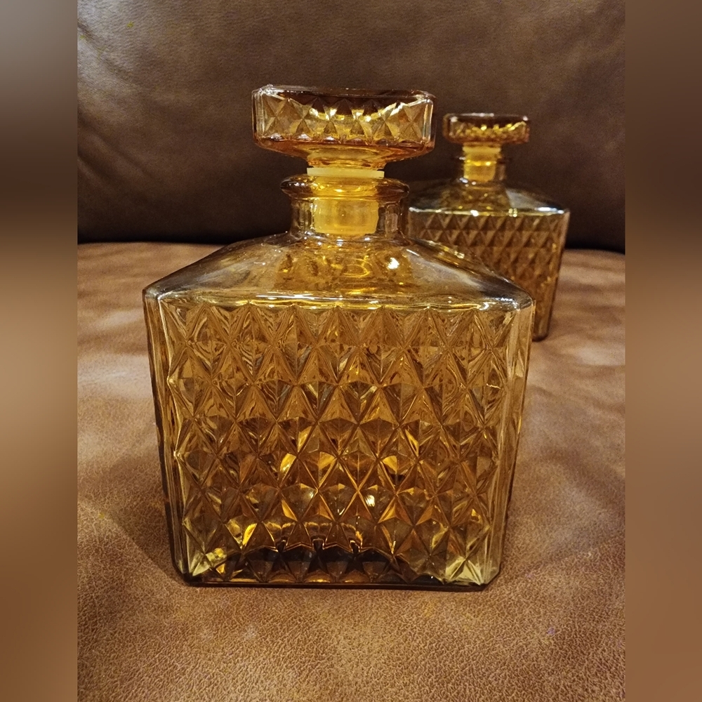 Vintage Amber Glass Square Decanter with Stopper - Set of 2 - Picture 2 of 4